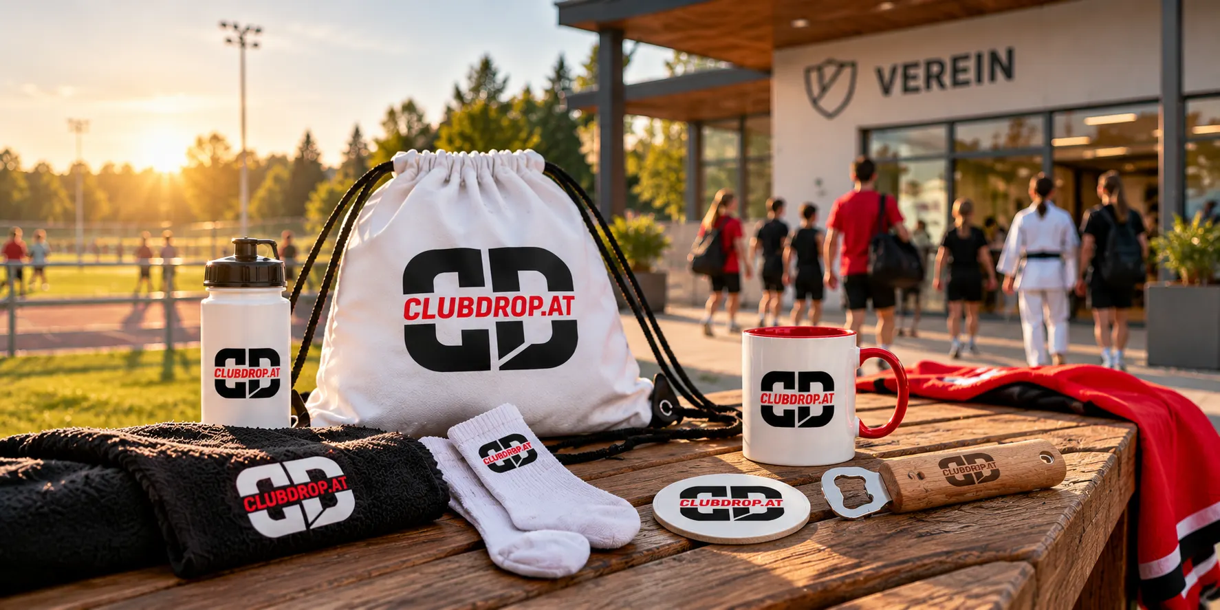 Clubdrop-Fanartikel – Turnbeutel, Trinkflasche, Tasse, Socken und Handtuch – auf einem Holztisch vor dem Vereinsheim bei Sonnenuntergang